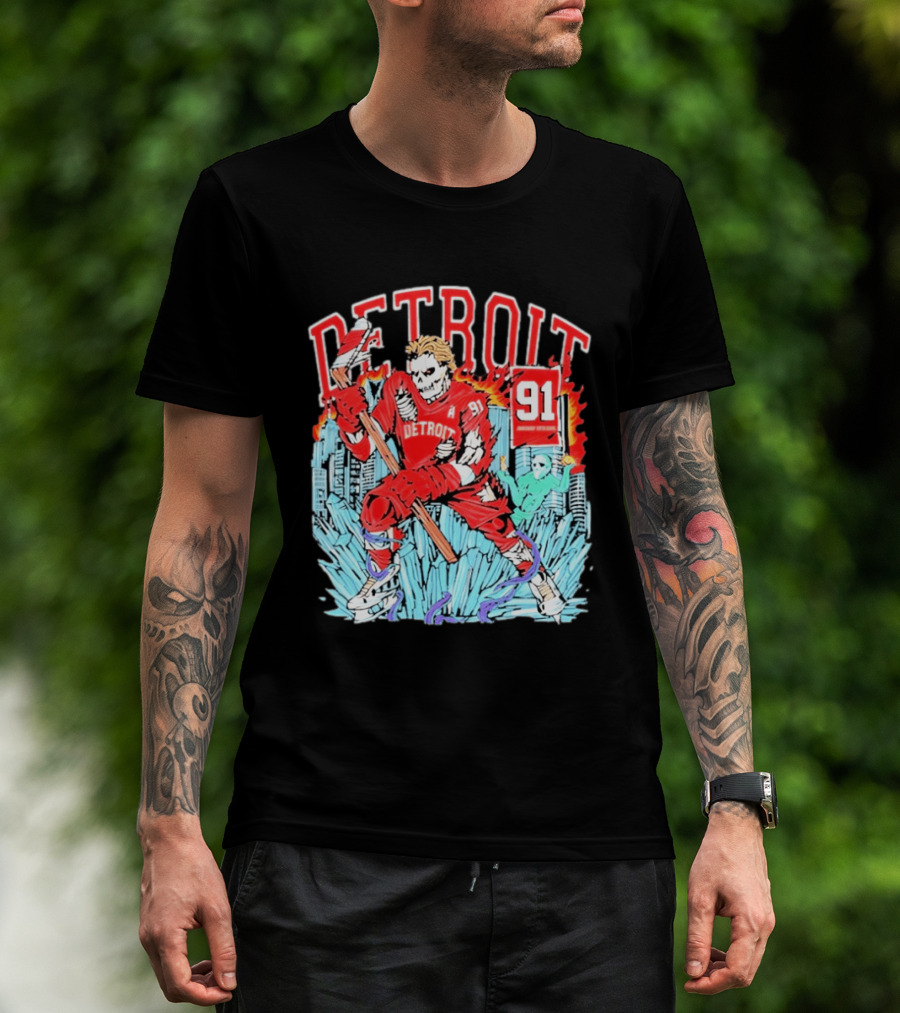 Detroit Hockey 91 Skeleton Player Red Jersey Cityscape Flame T-Shirt