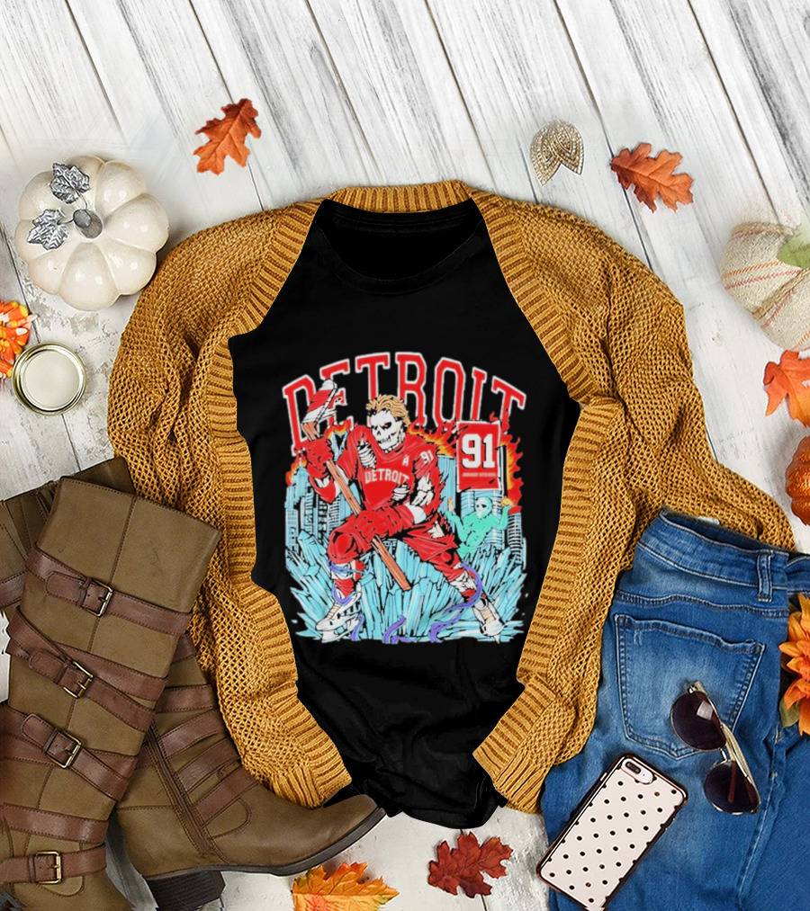 Detroit Hockey 91 Skeleton Player Red Jersey Cityscape Flame T-Shirt
