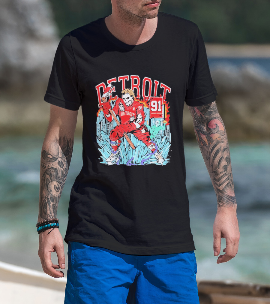Detroit Hockey 91 Skeleton Player Red Jersey Cityscape Flame T-Shirt