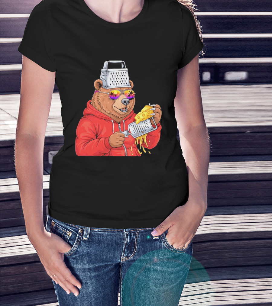Bear With Cheese Grater Hat And Sunglasses With Bright Palm Tree Reflection T-Shirt