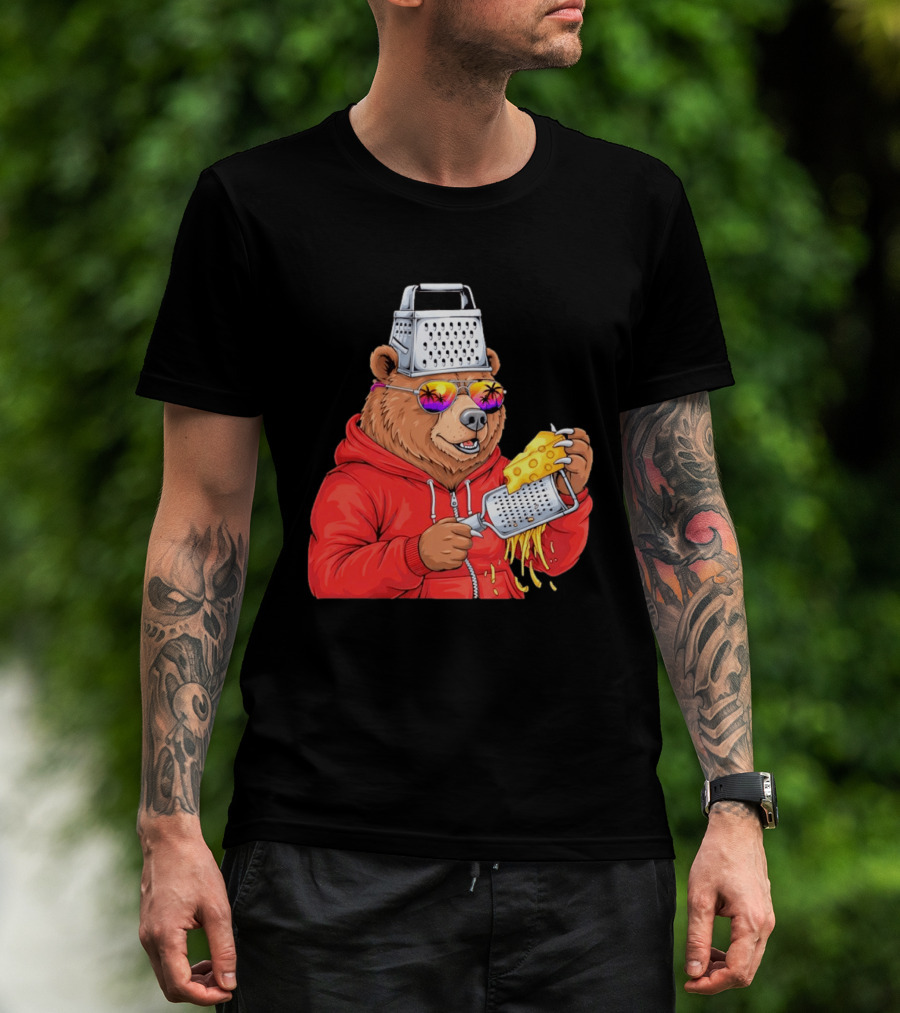 Bear With Cheese Grater Hat And Sunglasses With Bright Palm Tree Reflection T-Shirt