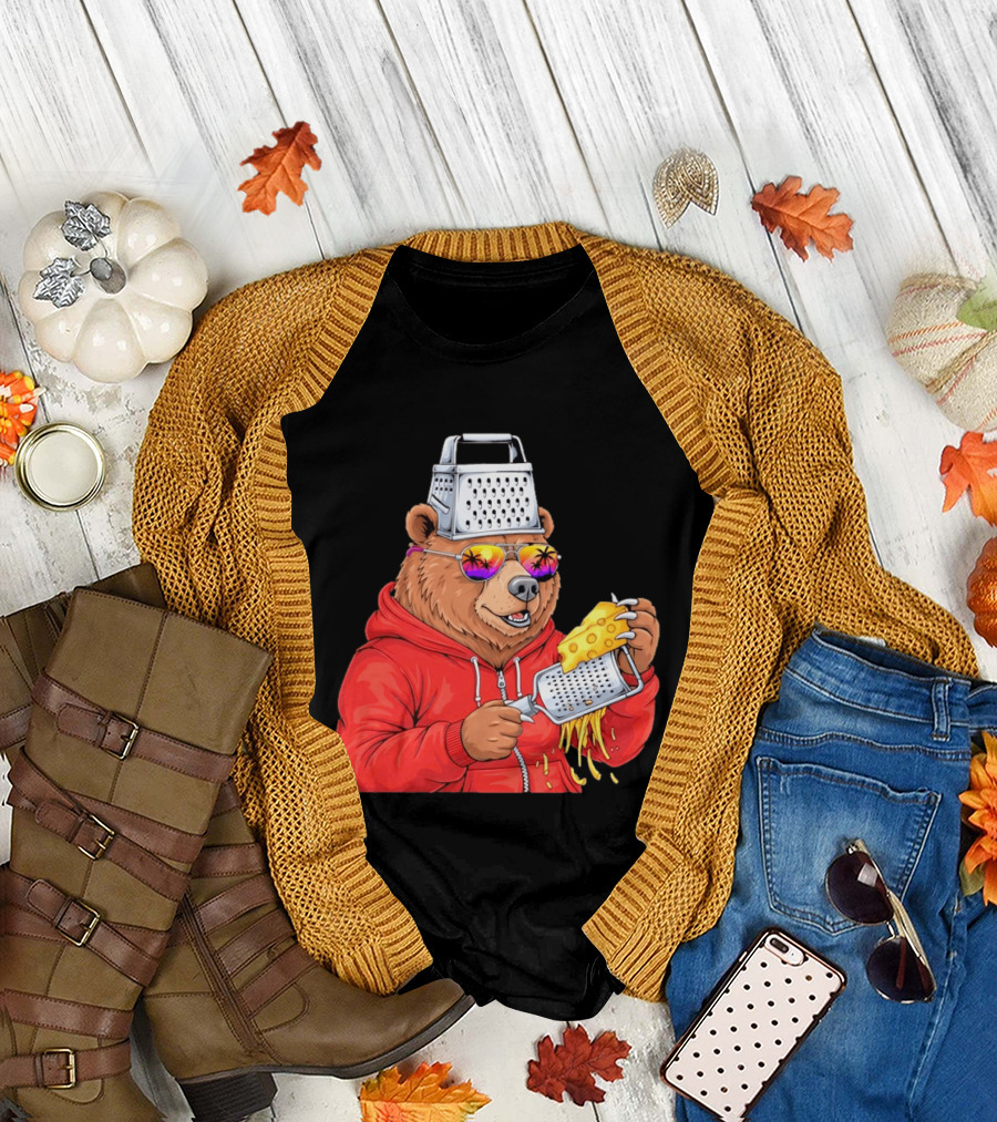 Bear with Cheese Grater Hat and Sunglasses with Bright Palm Tree Reflection T-Shirt