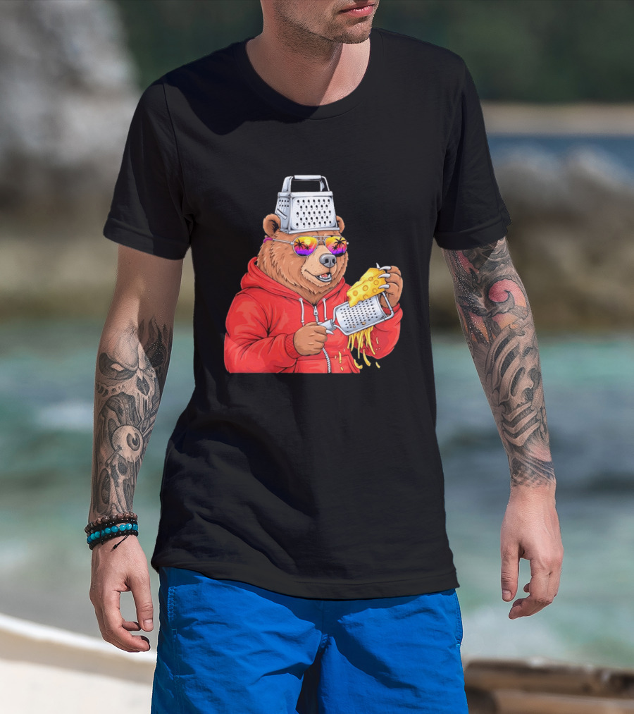 Bear With Cheese Grater Hat And Sunglasses With Bright Palm Tree Reflection T-Shirt