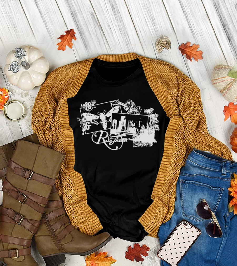 R Rosasharin Collage R Script Butterfly Cityscape White T-Shirt