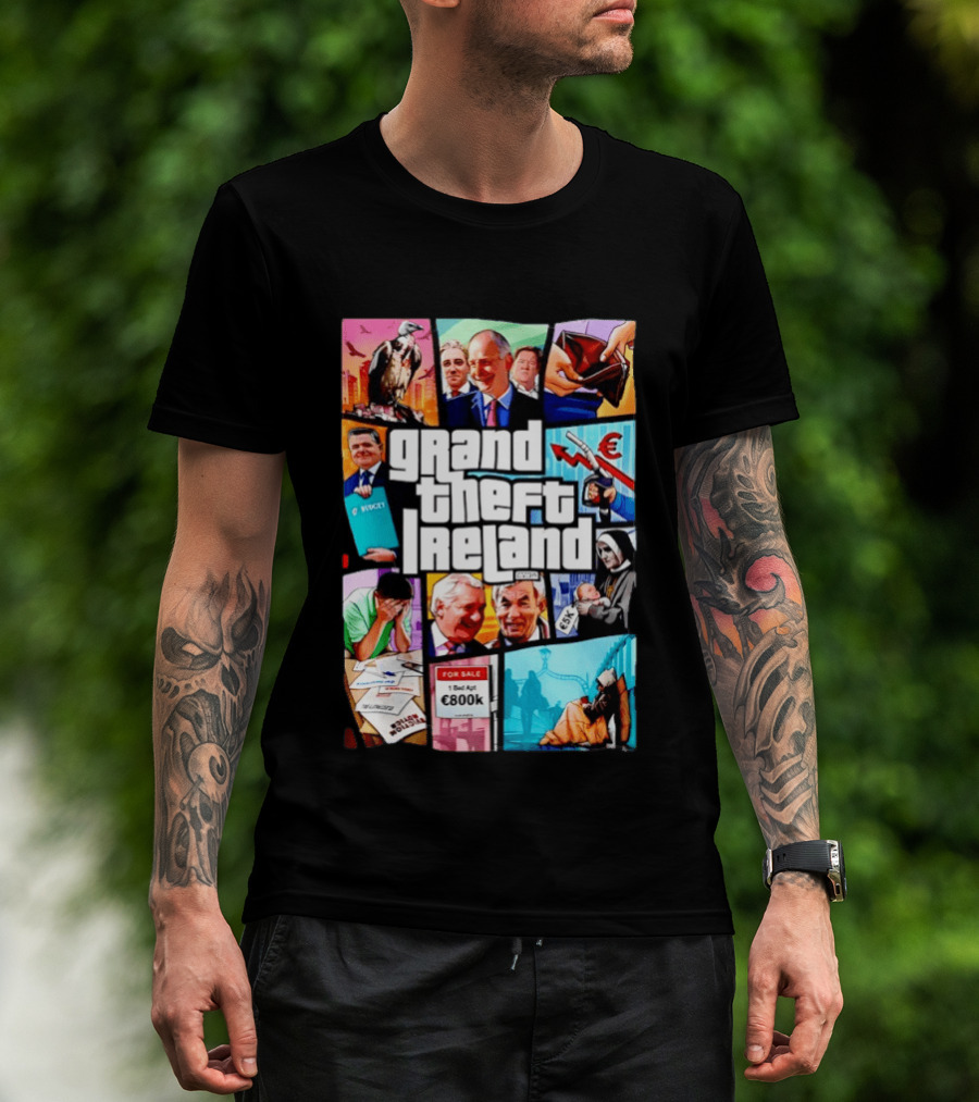 Grand Theft Ireland GTA 5 Parody Satire Style Illustration Irish Economy Politics Humor T-Shirt