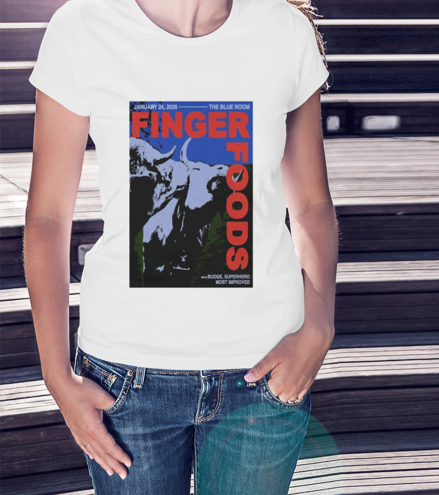 January 24 2026 Finger Foods The Blue Room Budge Superhero Most Improved T-Shirt