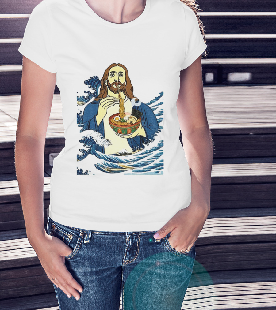 God Eats Ramen Jesus Wave Meme With Bowl Of Noodles T-Shirt