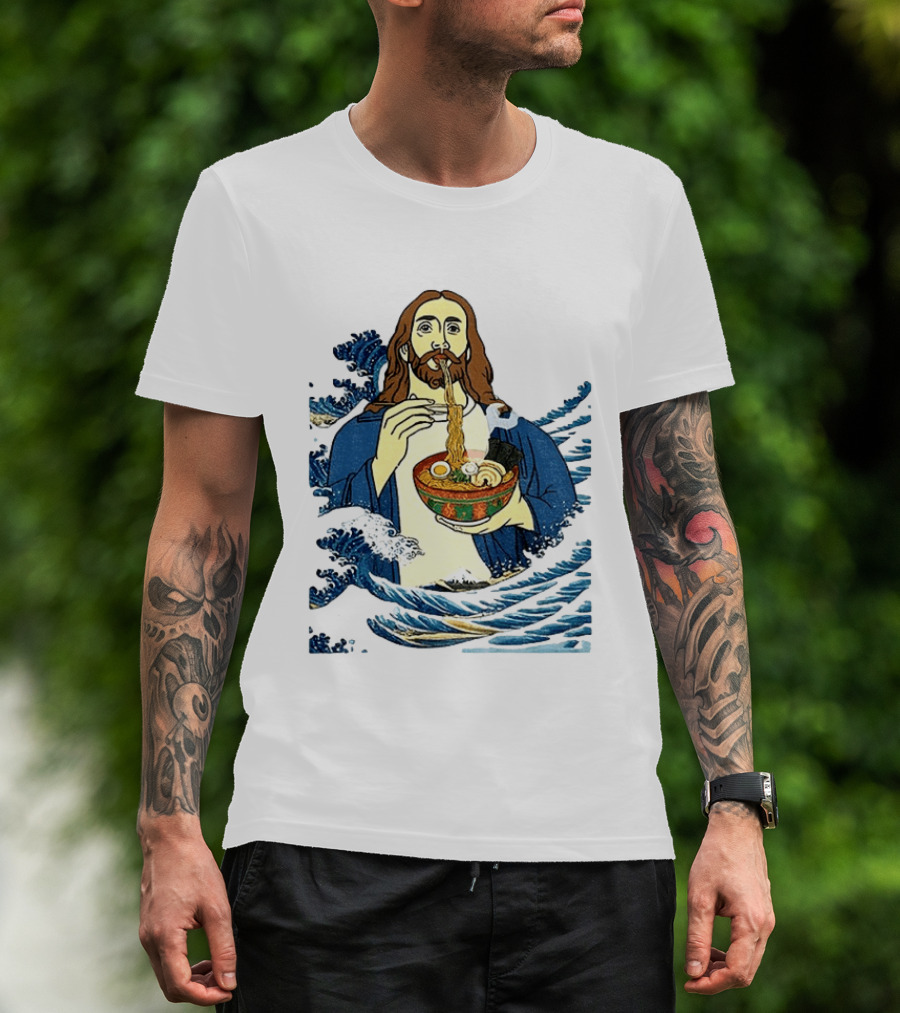 God Eats Ramen Jesus Wave Meme With Bowl Of Noodles T-Shirt
