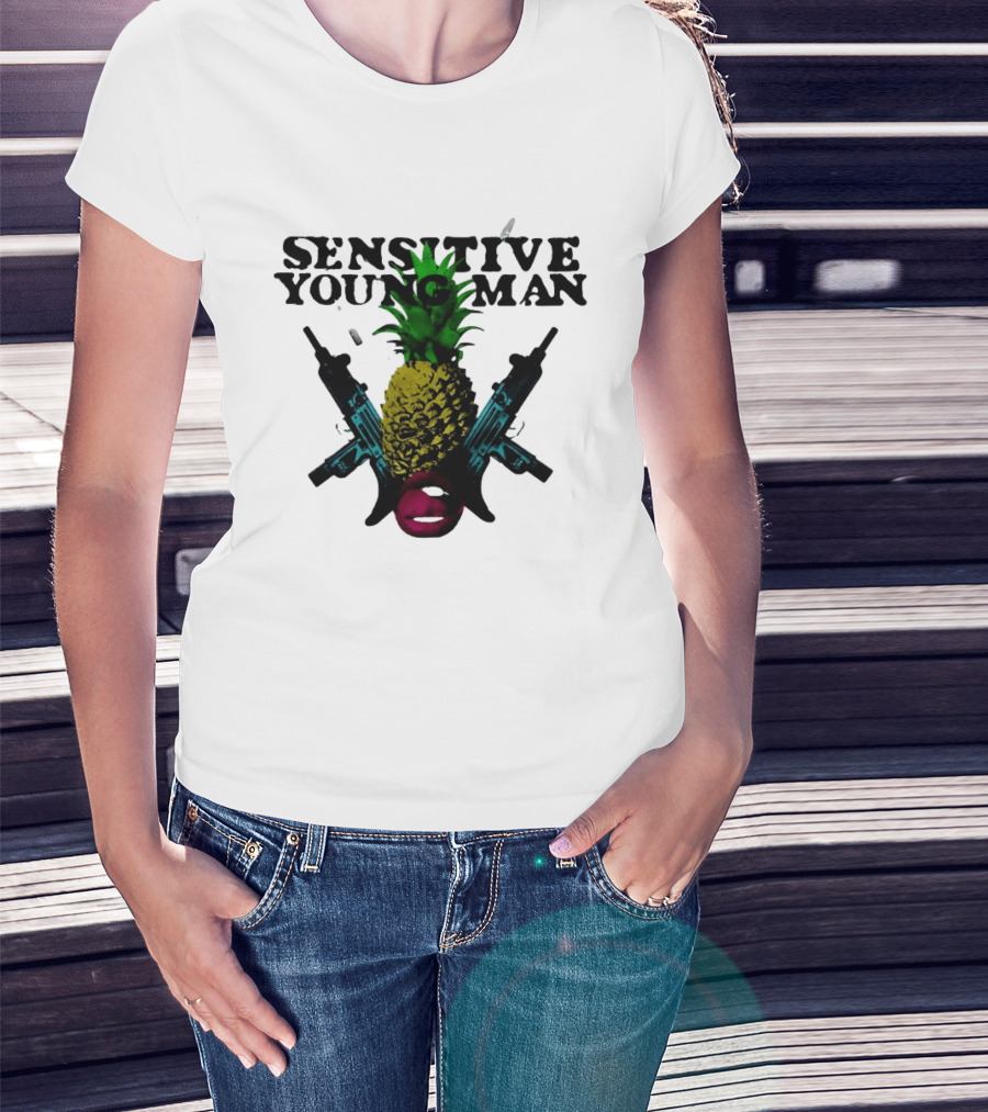 Sensitive Young Man Pineapple With Guns And Lips T-Shirt