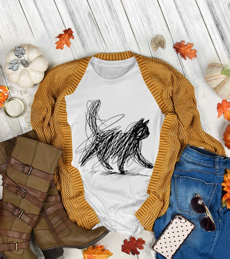 Minimalist Cat Scribble Sketch T-Shirt