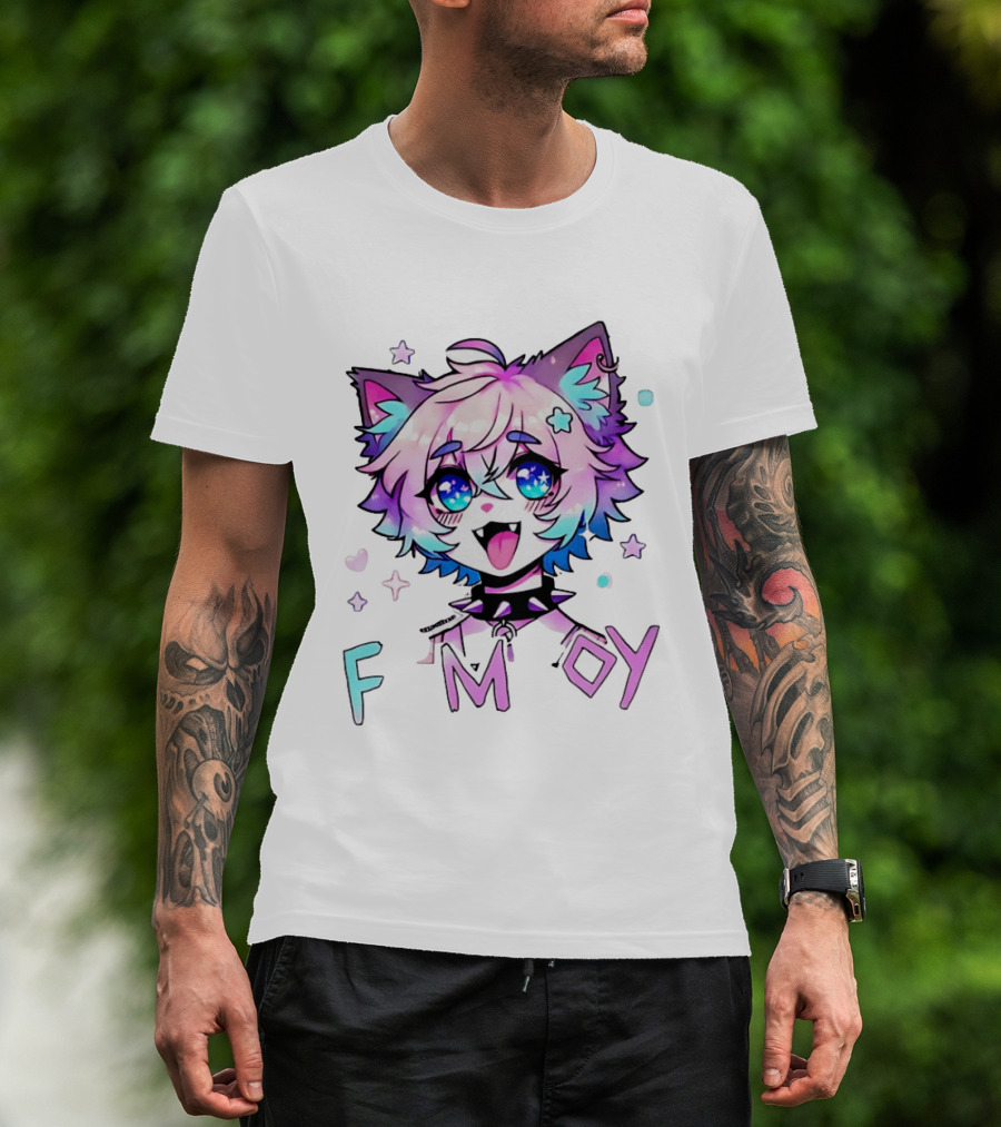 Femboy Cat Boy Anime Spike Collar Starry Eyes Pastel Ears T-Shirt