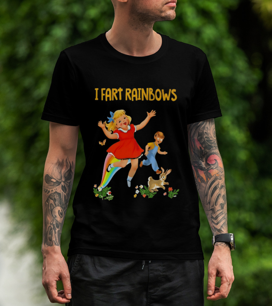 I Fart Rainbows Vintage Retro Kids Playing Butterflies Rabbits Flowers T-Shirt