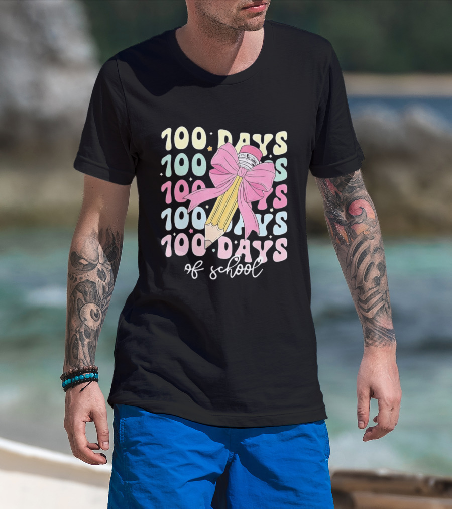 100 Days Of School Pink Bow Pencil Celebration T-Shirt