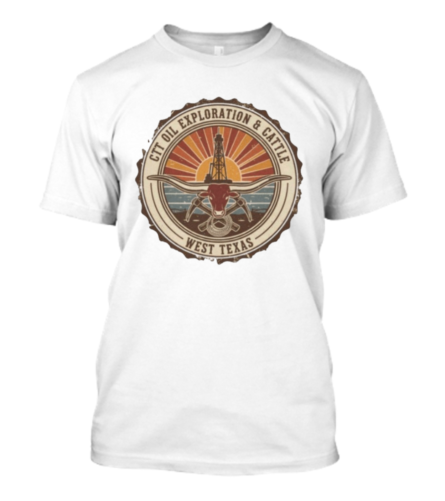 CTT Oil Exploration And Cattle West Texas Landman Sunset Oil Rig And Longhorn T-Shirt