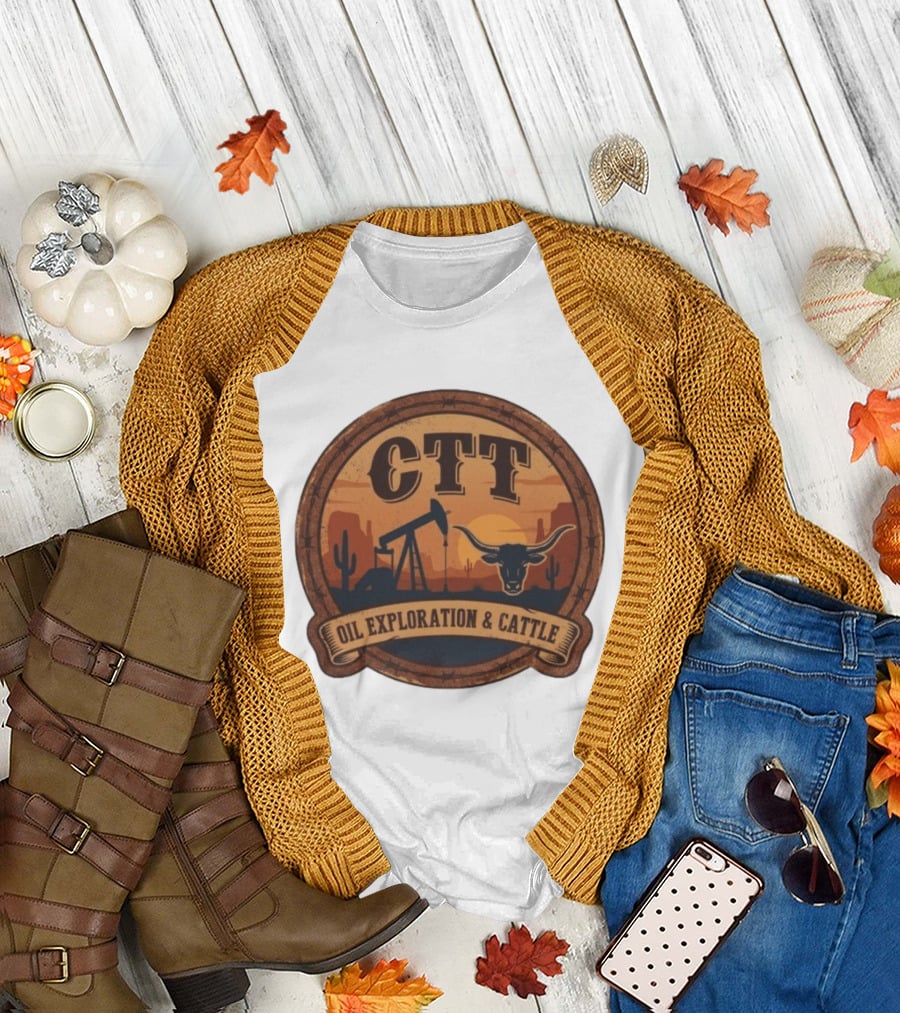 CTT Oil Exploration & Cattle West Texas Sunset Pumpjack and Longhorn Desert Scene T-Shirt