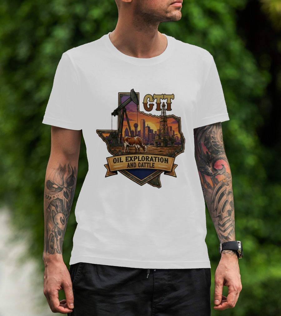 Texas CTT Oil Exploration Cattle Sunset Skyline T-Shirt