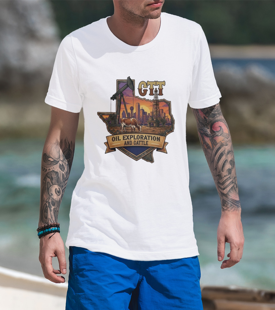 Texas CTT Oil Exploration Cattle Sunset Skyline T-Shirt