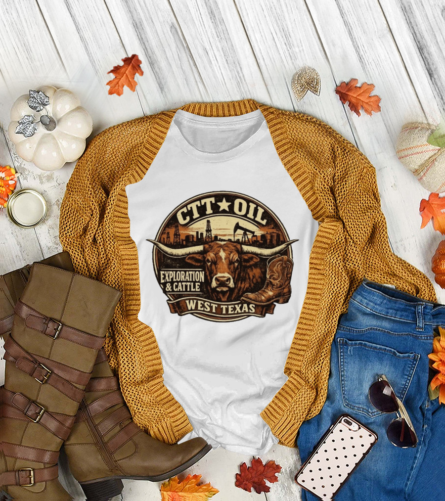 CTT Oil Exploration and Cattle West Texas Longhorn Boot Iconography T-Shirt