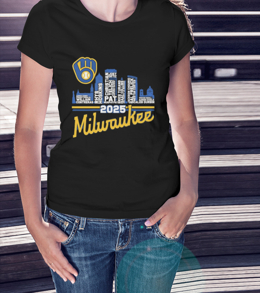 Milwaukee Brewers 2025 City Skyline Baseball Players Names T-Shirt