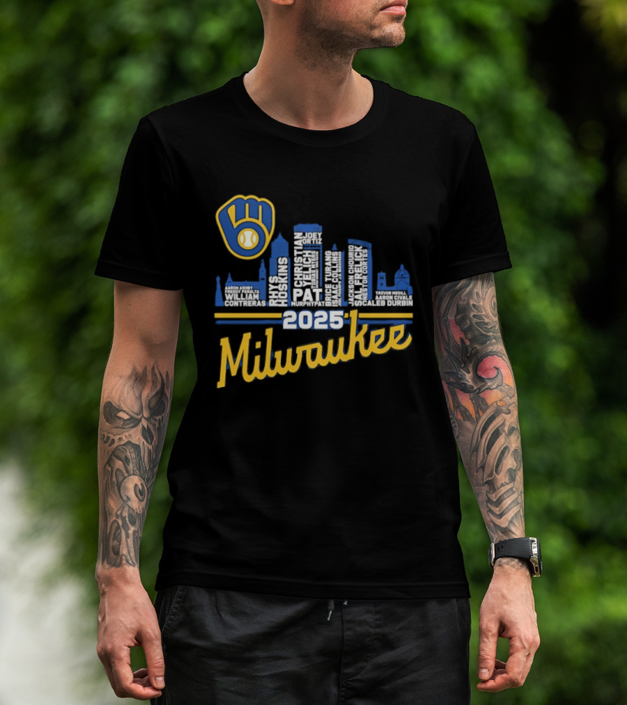 Milwaukee Brewers 2025 City Skyline Baseball Players Names T-Shirt
