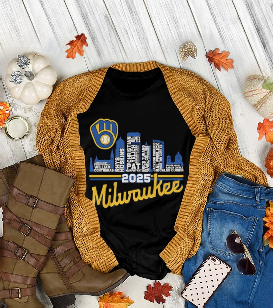 Milwaukee Brewers 2025 City Skyline Baseball Players Names T-Shirt