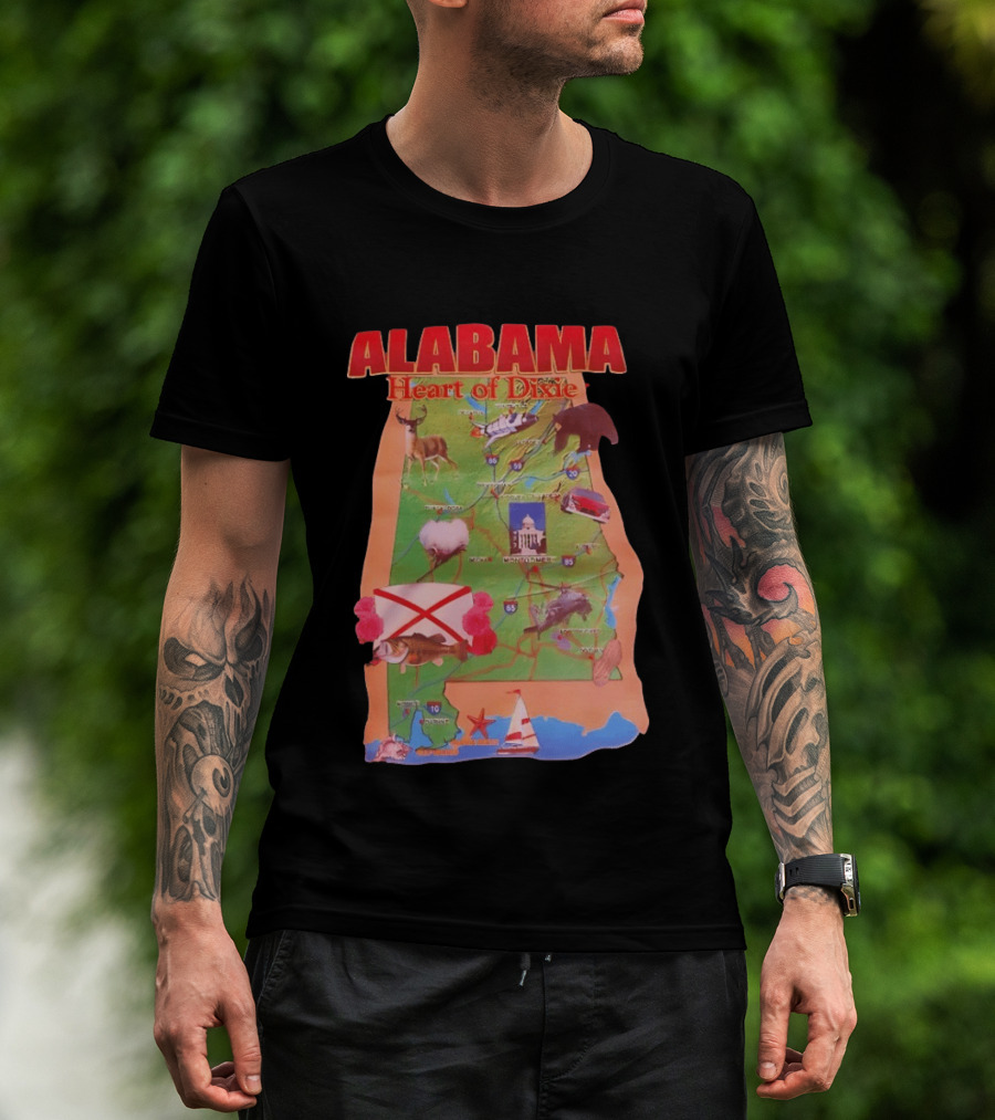 Alabama Heart Of Dixie Map Landmarks And Wildlife T-Shirt