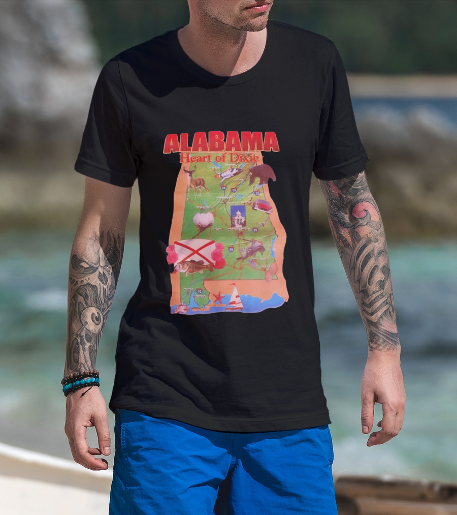 Alabama Heart Of Dixie Map Landmarks And Wildlife T-Shirt