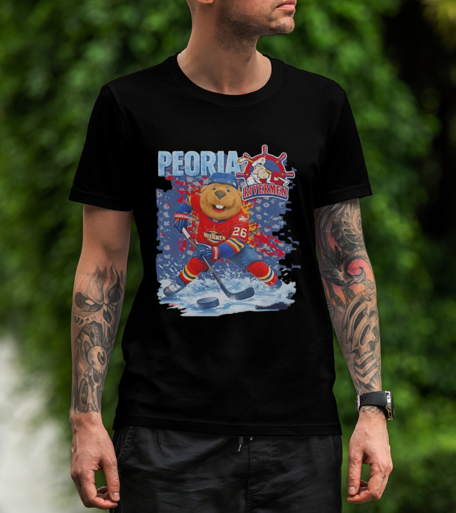 Rocky Peoria Rivermen Hockey Beaver Mascot Skating T-Shirt