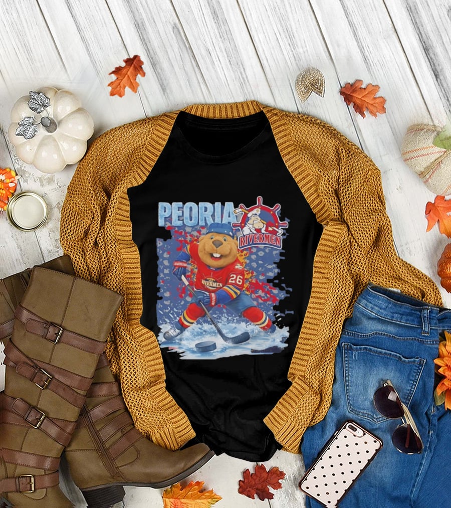 Rocky Peoria Rivermen Hockey Beaver Mascot Skating T-Shirt