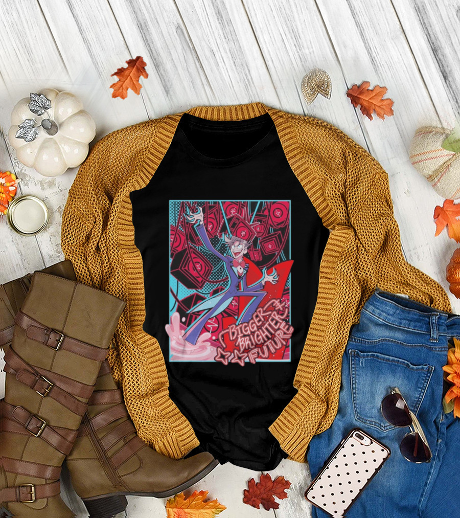 Bigger Brighter Future Character with Energetic Imagery and Vintage TV Motif T-Shirt