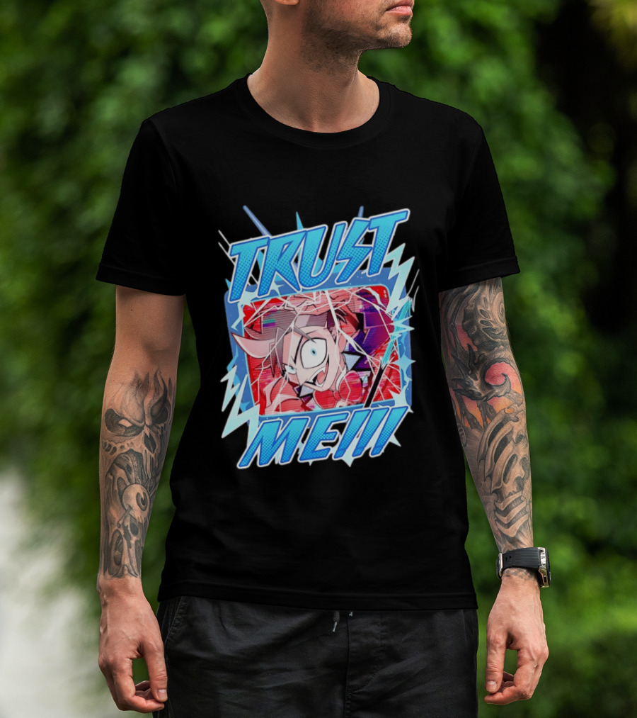 Hazbin Hotel Trust Me Cartoon Expression Blue Lightning T-Shirt