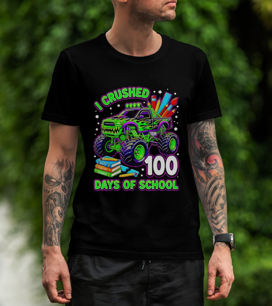 I Crushed 100 Days Of School Monster Truck Math Reading Science Book T-Shirt