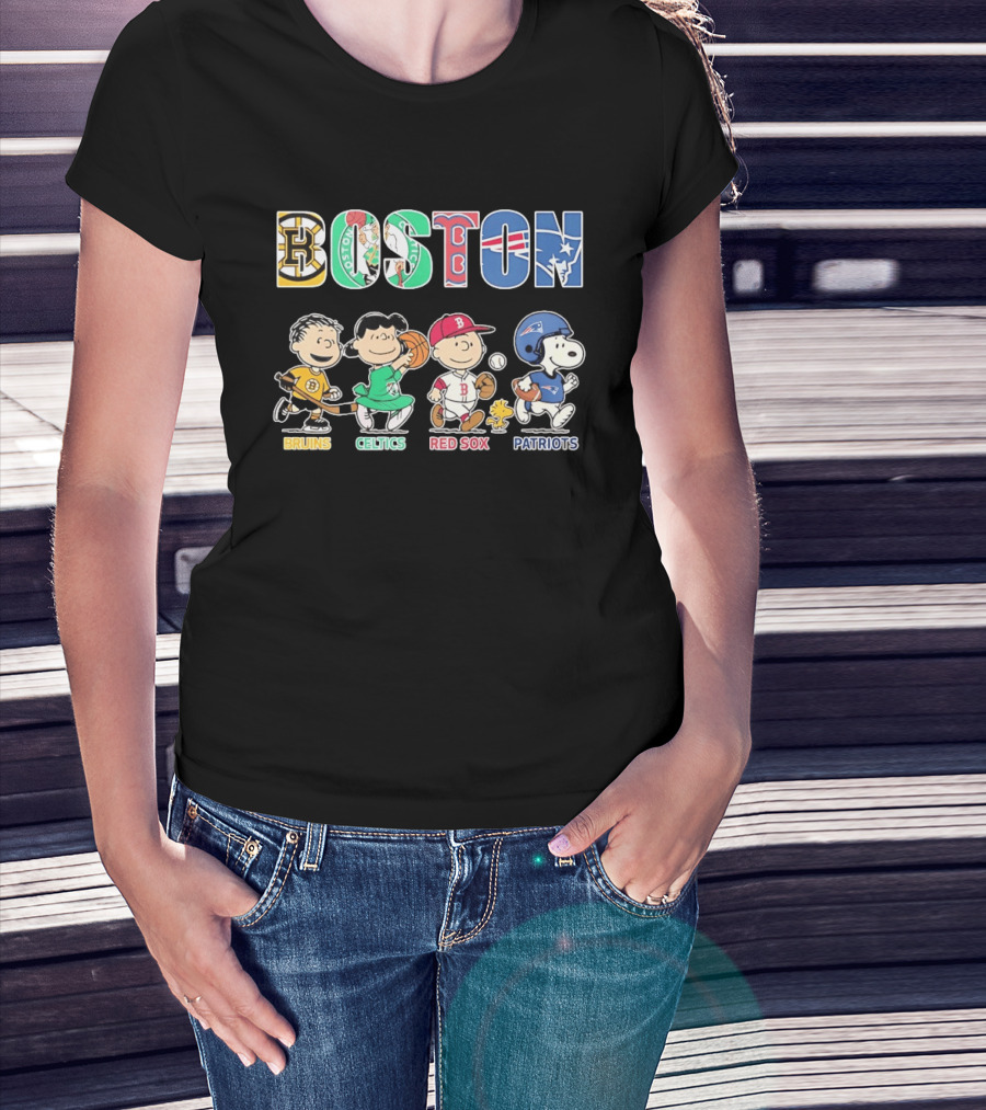 Peanuts Characters In Boston Bruins Celtics Red Sox Patriots Team T-Shirt