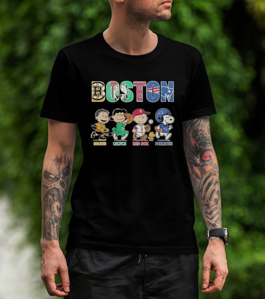 Peanuts Characters In Boston Bruins Celtics Red Sox Patriots Team T-Shirt