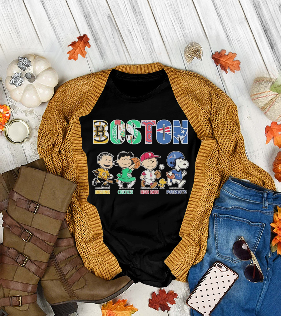 Peanuts Characters in Boston Bruins Celtics Red Sox Patriots Team T-Shirt