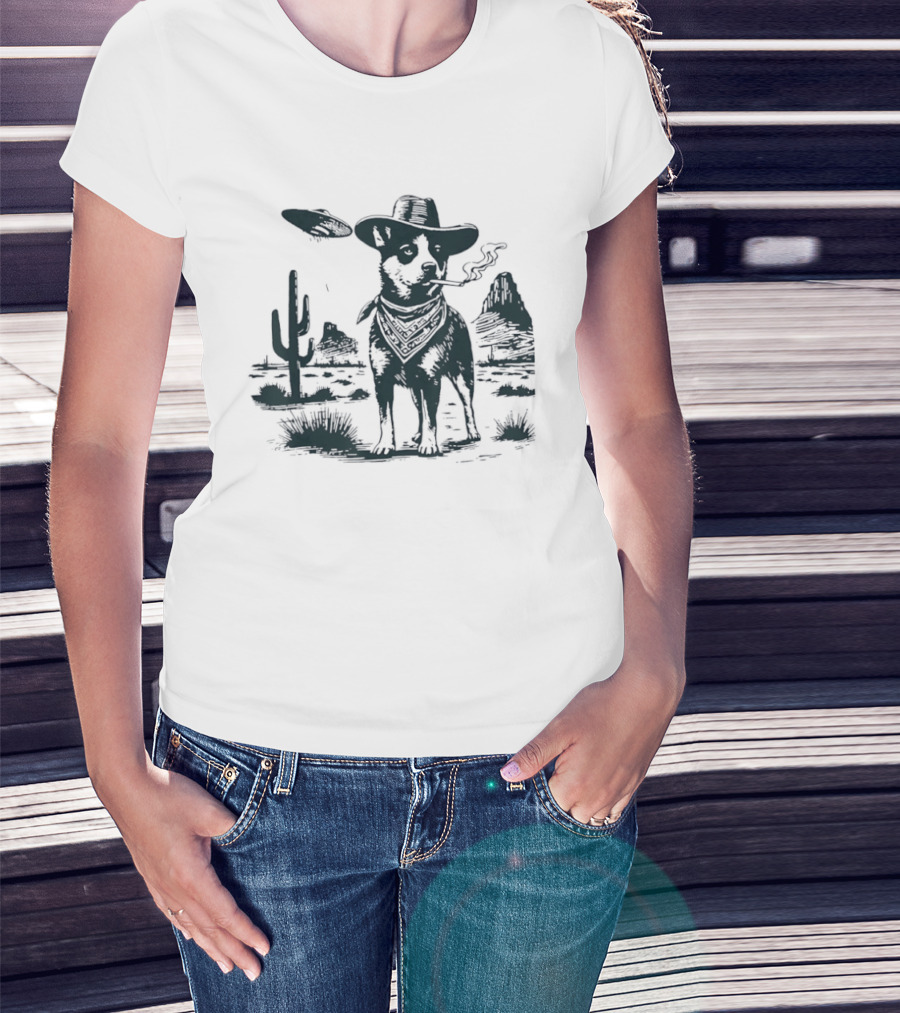 Australian Cattle Dog Smoking With UFO And Western Cowboy Desert Scene T-Shirt