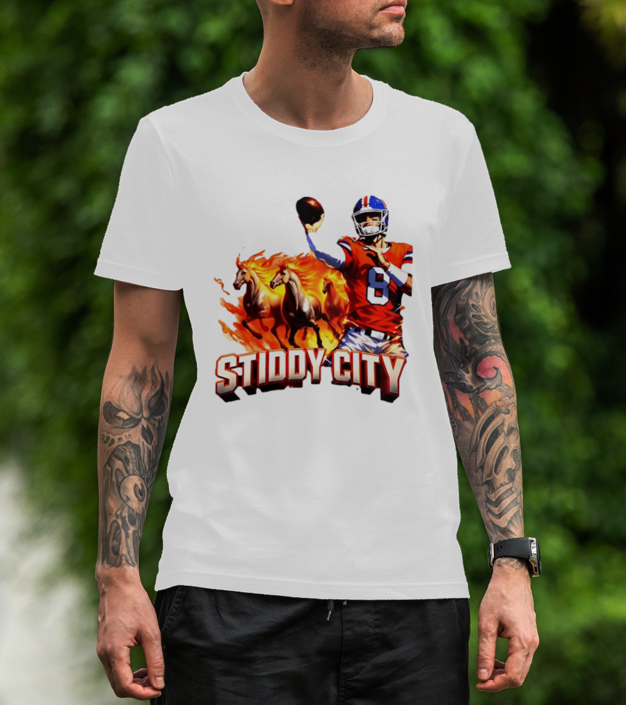 Denver Broncos Stiddy City Quarterback And Horses In Flames T-Shirt
