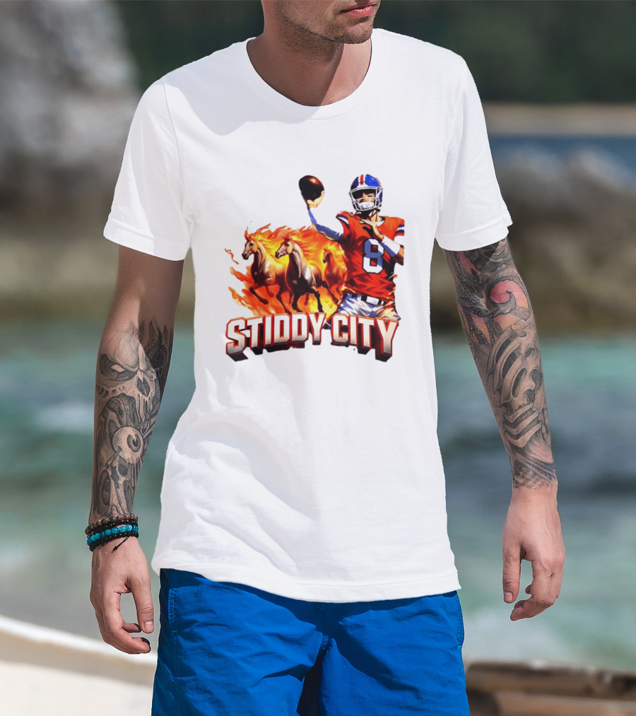 Denver Broncos Stiddy City Quarterback And Horses In Flames T-Shirt