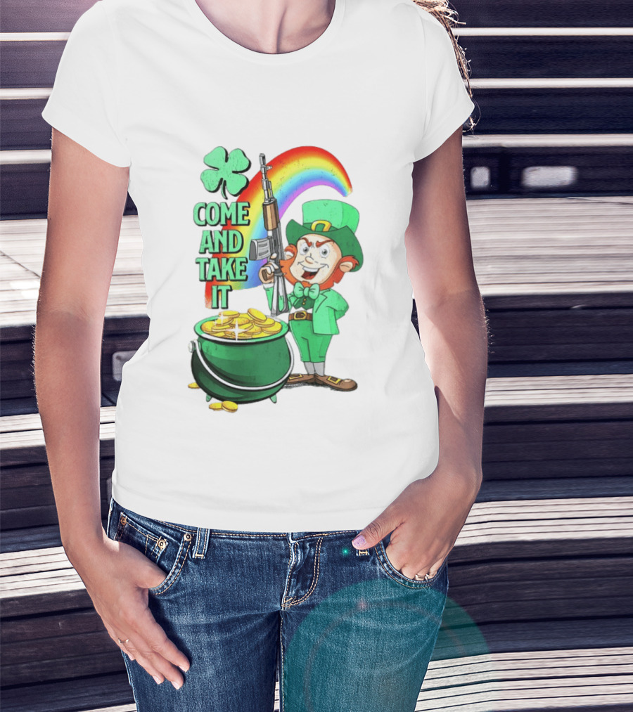 St Patrick Leprechaun Rifle Rainbow Pot Of Gold Come And Take It T-Shirt