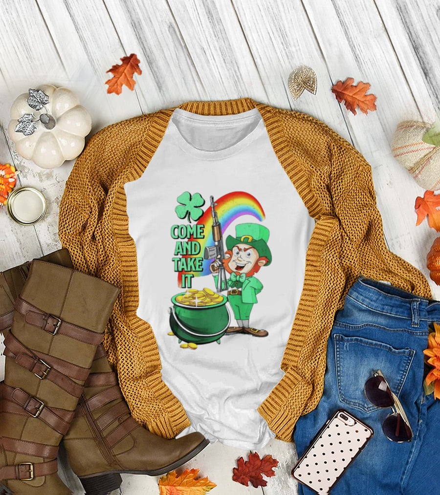 St Patrick Leprechaun Rifle Rainbow Pot of Gold Come and Take It T-Shirt