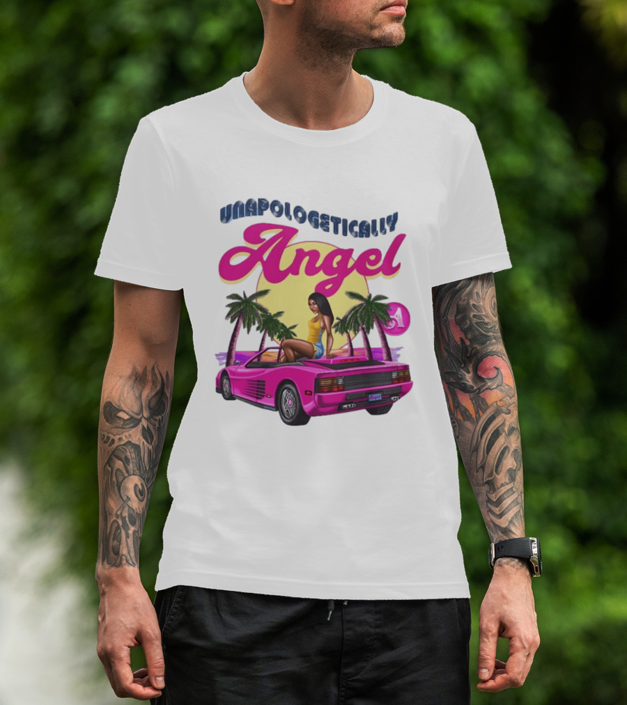 Unapologetically Angel Paradise Sunset With Pink Car And Palm Trees T-Shirt