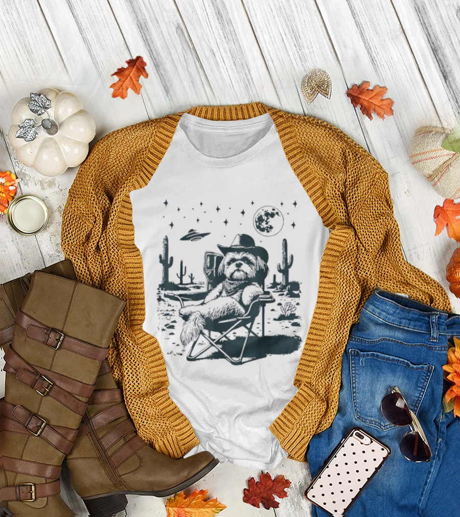 Shih Tzu Cowboys UFO Western Desert Scene Cactus Moon Stars T-Shirt