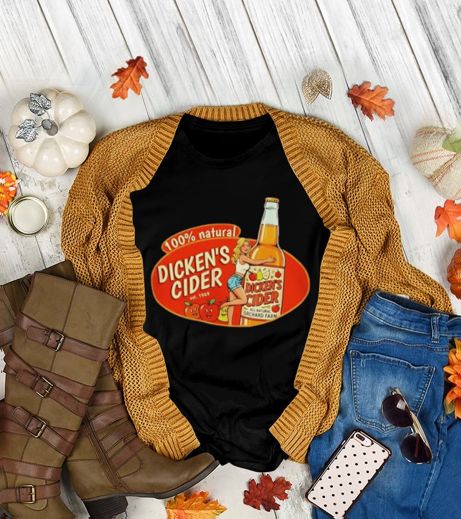 100 Natural Dicken's Cider Est 1969 Girl Hugging All Natural Orchard Farm Bottle T-Shirt