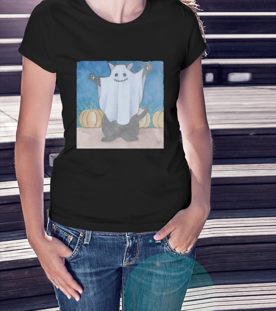 Spooky Black Cat In Ghost Costume With Pumpkins Halloween T-Shirt
