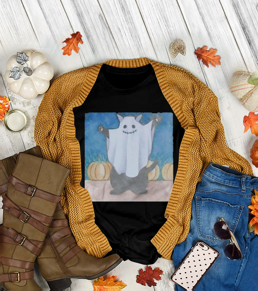 Spooky Black Cat in Ghost Costume with Pumpkins Halloween T-Shirt