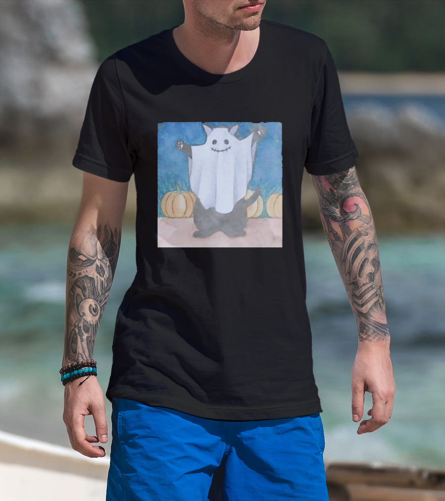 Spooky Black Cat In Ghost Costume With Pumpkins Halloween T-Shirt