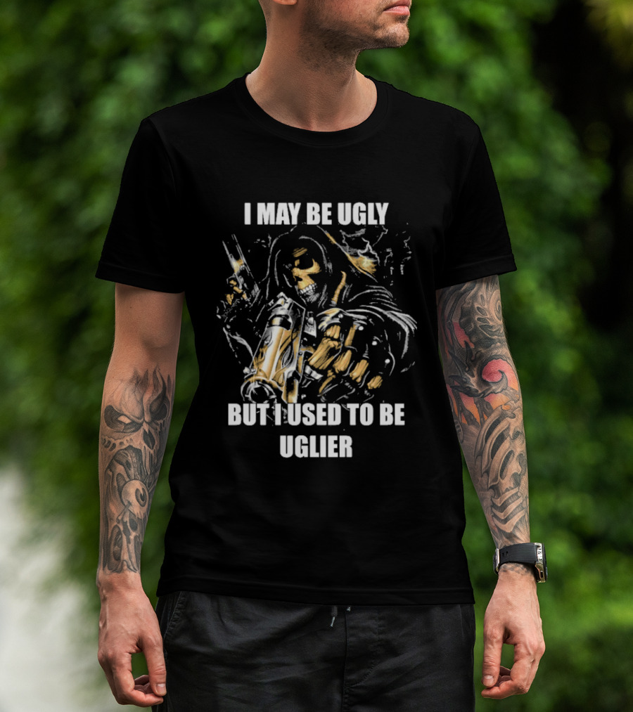 I May Be Ugly But I Used To Be Uglier Skull Warrior With Hooded Cloak T-Shirt