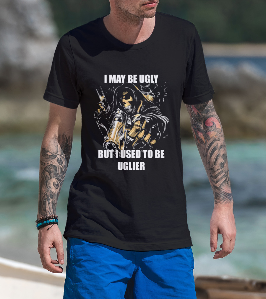 I May Be Ugly But I Used To Be Uglier Skull Warrior With Hooded Cloak T-Shirt