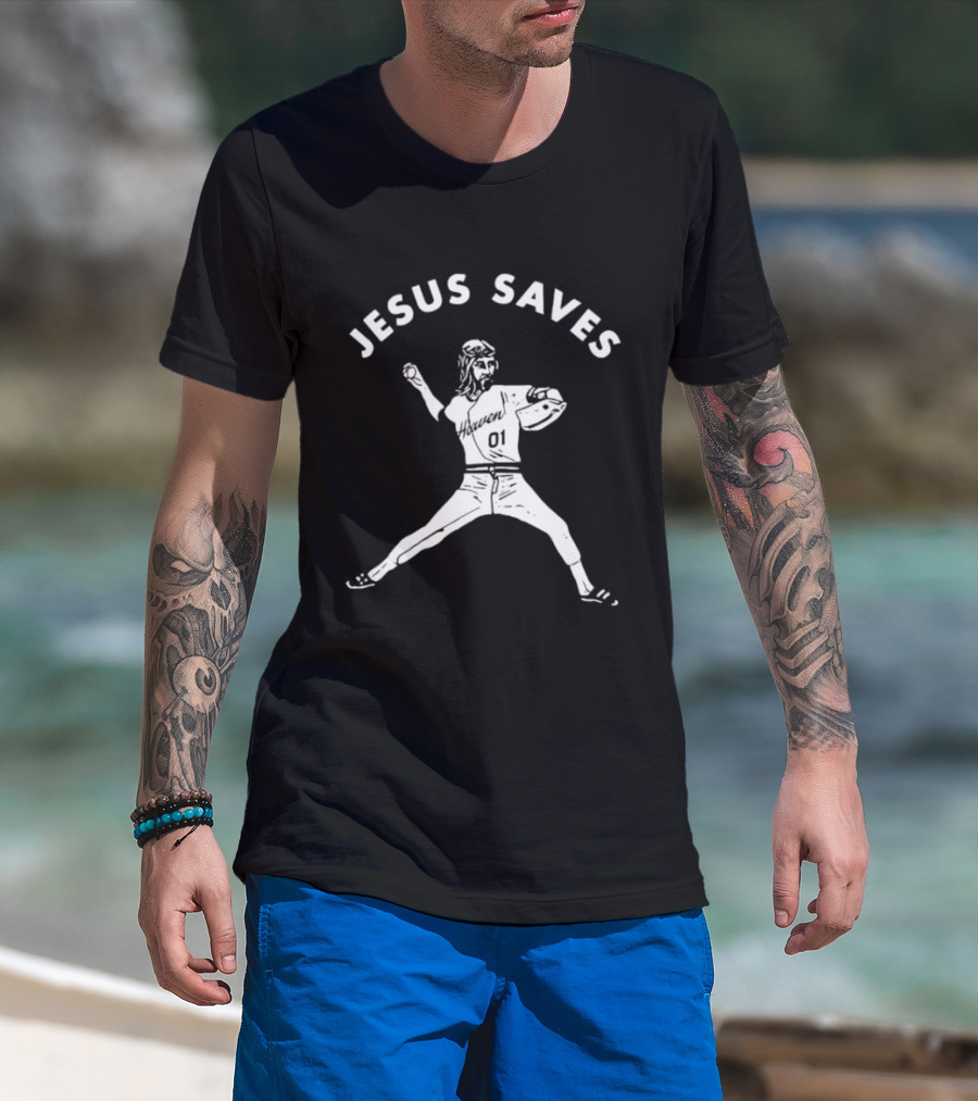 Jesus Saves 01 Baseball Pitcher Heavenly Religious Message T-Shirt
