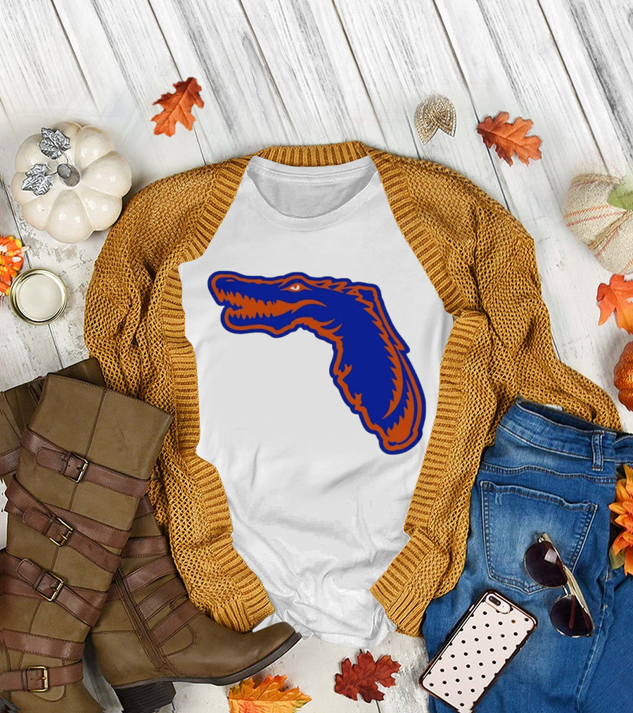 Florida Gators State Shape Blue Orange Gator Map T-Shirt